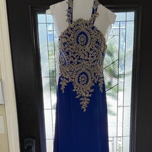 Royal Blue and Gold Embellished Prom Dress